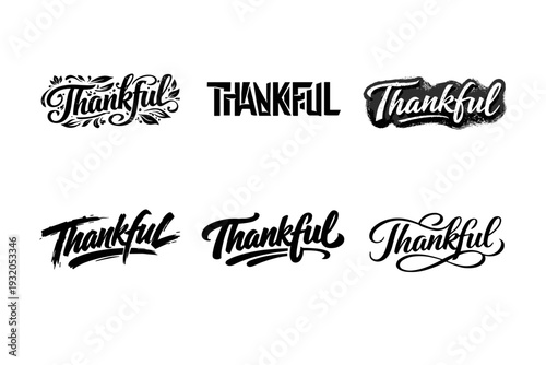 Thankful. Set lettering. harmonious lettering variations of the same emblematic concept, each with different artistic interpretation (Decorative floral or