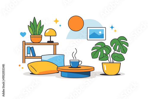 Biophilic interior mood shown through decorative houseplants combined with soft geometric elements, communicating relaxation wellbeing and connection to nature