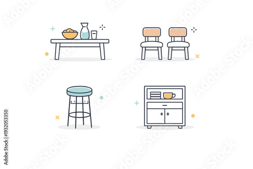 Dining furniture icons. Dining table, chairs, bar stool, cabinet presented as cohesive mini icons. The scene suggests shared meals, simplicity, and functional