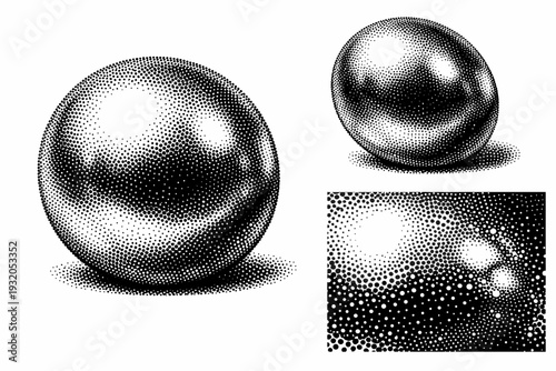 Pearl natural pearl shown as full sphere view, slightly angled view, and close-up surface view as the same organic pearl with realistic roundness and subtle