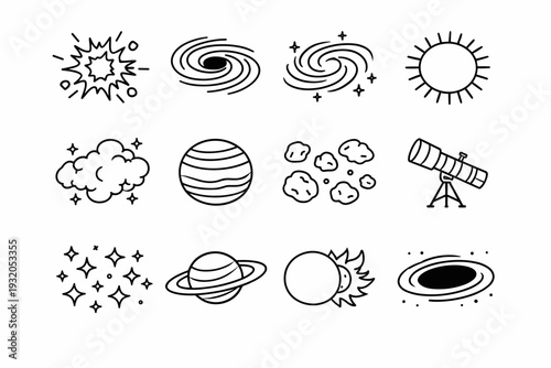 Massive Space. Line icon set of Massive Space: supernova, black hole, spiral galaxy, red giant star, nebula cloud, gas giant planet, asteroid field, space