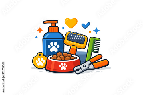 Pet care products presented through a clean and friendly scene where essential grooming items form a reassuring visual metaphor of everyday care and