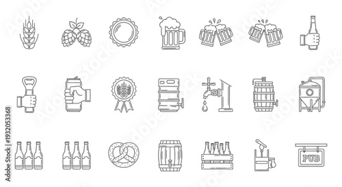 set of beer and brewing line art icons for illustrating craft beer culture pub elements and beverage industry concepts.