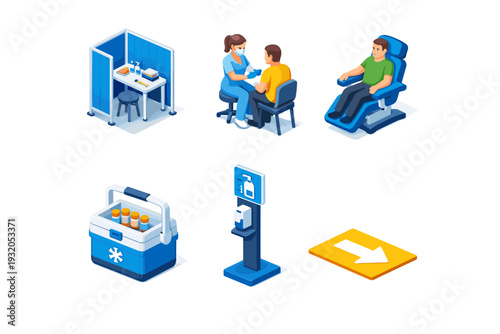 Vaccination Site. Isometric flat vector icons set of Vaccination Site: vaccination booth with privacy screen, healthcare worker administering vaccine, patient