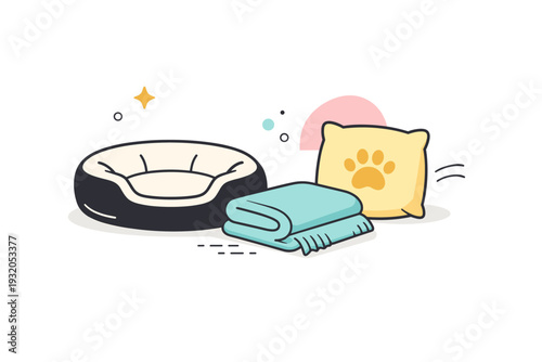 Cat comfort accessories. A minimal editorial scene showing a cat bed, blanket and cushion arranged softly. Cozy atmosphere and relaxation, with gentle abstract