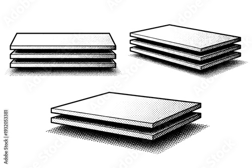 Layered halftone shadow plate. A flat plate form with multiple shadow layers is shown in three views: frontal view, angled side view, and three-quarter