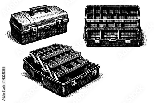 Tackle box presented closed, open top view, and angled perspective revealing compartment structure with accurate rectangular proportions and latch details.