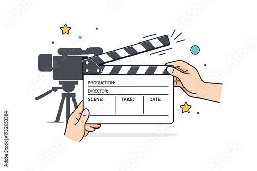 Film director?s clapperboard on set. A clean clapperboard held in front of a simple camera silhouette, the top bar mid-snap as motion lines suggest action. The