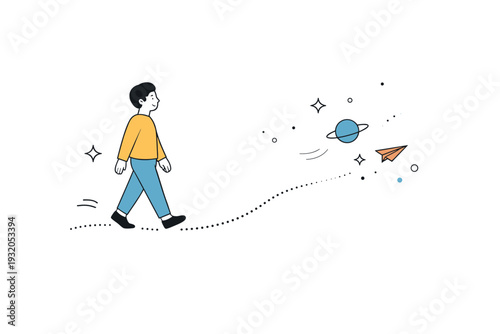 Trusting the process. A person walking calmly along a dotted line path that fades into abstract space. Feeling of patience, acceptance, and gentle movement