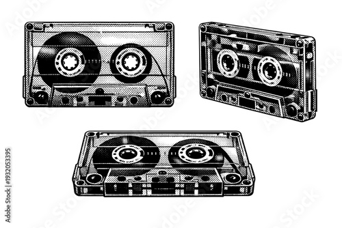 Cassette Tape ? transparent shell cassette. A cassette tape with visible internal spools and mechanisms through a clear shell, depicted as one consistent