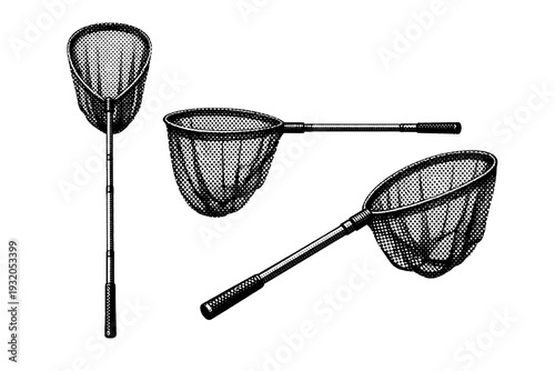 Landing net displayed extended upright, side profile, and angled perspective emphasizing hoop frame, mesh pattern, and handle length in accurate scale. Black