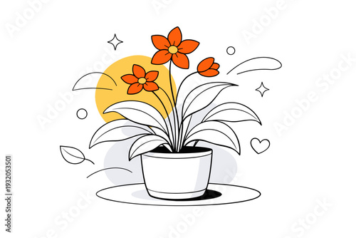 Indoor plants. Minimal flower pot with a blooming plant, gentle curves of leaves creating balance and harmony. A peaceful atmosphere inspired by home comfort