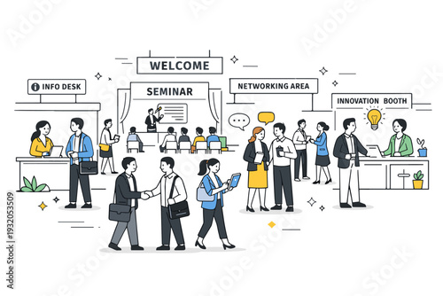 Industry event overview. A wide scene showing a conference hall with booths, signs, and groups of business owners moving between areas. Organized, dynamic yet