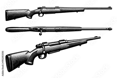Bolt-action hunting rifle shown in side profile, top view, and angled perspective with detailed barrel, wooden stock, trigger guard, and bolt mechanism in