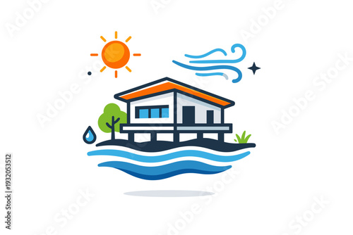 Climate adapted architecture focused on buildings designed to respond to heat, flooding and extreme weather through smart passive solutions. A compact visual