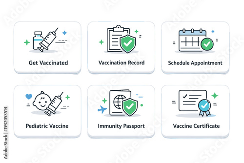 Vaccination UI line icons. A practical set of vaccination icons displayed inside simple interface cards or labels, suggesting digital health services. The