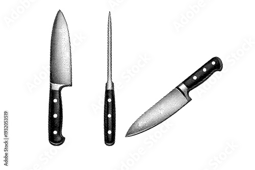 Kitchen utensil stainless steel chef knife shown as a single object in front view, side profile view, and three-quarter angled view. Black and white dot style
