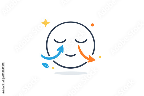 Mindful breathing practice shown as a simple face icon with closed eyes and soft inhale exhale arrows, expressing calm awareness stress relief and inner