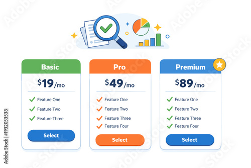 Landing page components represented as a pricing section with simplified cards and check marks, conveying transparency decision making and conversion focused