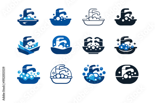 Cleaning the sink. Icon set. Set Logo of Cleaning the sink: faucet with bubbles. harmonious logo variations of the same emblematic concept, each with different