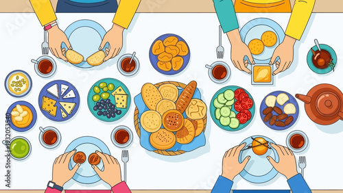 diverse breakfast spread shared by people around a table showcasing fresh food togetherness and communal dining