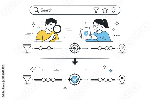 Search refinement tools. A search bar with small filter icons and sliders beneath it, showing narrowing results and better accuracy. Clean and focused digital