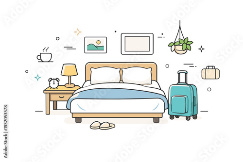 Hotel room comfort. A tidy hotel room with a bed, suitcase, and soft decor elements, peaceful stay moment. Calm relaxation and comfortable hospitality mood.