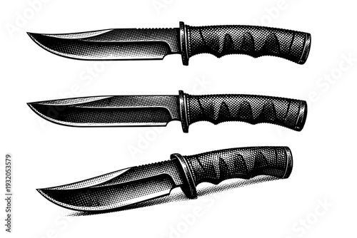 Hunting knife presented side profile, top view, and angled perspective highlighting blade curvature, spine thickness, and textured handle with realistic