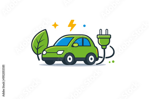 Smart mobility centered on eco-friendly travel illustrated by an electric vehicle paired with a leaf or plug symbol, communicating sustainability and reduced