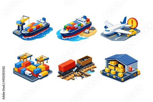 Global supply chain disruption. Isometric flat vector icons set of global supply chain disruption: cargo ship stuck in port, grounded container vessel, delayed