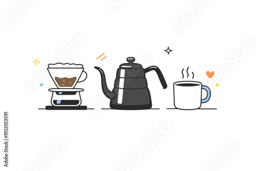 Minimal pour-over coffee setup. A dripper, kettle, and cup neatly arranged on a clean surface, simple composition showing precision and balance. Minimalist