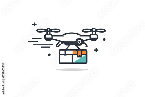 Flying delivery drone icon. A simple drone carrying a small box, shown in side view with light motion lines. The icon communicates speed, automation, and