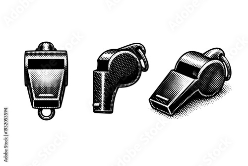 Game call whistle device displayed front view, side profile, and angled perspective with mouthpiece, sound chamber, and lanyard ring in precise compact