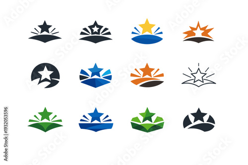 Discovery. Icon set. Set Logo of discovery: emerging star. harmonious logo variations of the same emblematic concept, each with different artistic