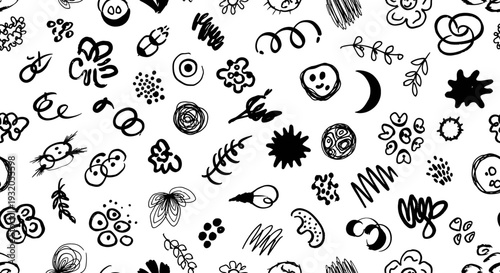 playful abstract doodle pattern with hand drawn organic black shapes on a seamless white background perfect for modern graphic design.