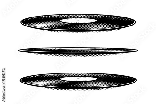 Vinyl Record ? side profile thickness. A vinyl record highlighting edge thickness and subtle curvature of the disc, illustrated as one record shown from three