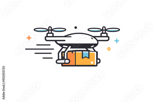 Flying delivery drone icon. A simple drone carrying a small box, shown in side view with light motion lines. The icon communicates speed, automation, and