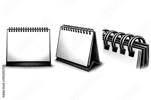 Calendar spiral-bound calendar A realistic spiral-bound calendar with metal binding shown in three views: front view, angled view, and close side view of the