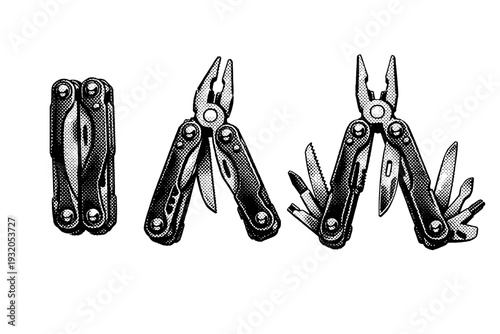 Multi-tool pliers displayed closed, partially open, and fully unfolded, showing detailed metal components and realistic mechanical proportions. Black and white
