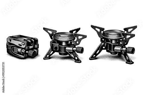 Portable gas camping stove shown folded, partially assembled, and fully deployed, highlighting burner head, control valve, and realistic structural