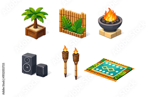 Tropical ambiance. Isometric flat vector icons set of tropical ambiance: palm tree planter, decorative bamboo screen, poolside fire bowl, outdoor speaker