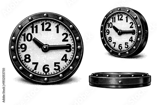 Wall clock analog ? industrial metal wall clock with bold numerals and exposed rivet frame, shown head-on, three-quarter view, and profile view as an object