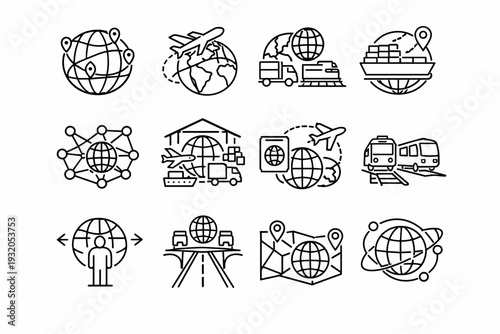 Global Mobility. Line icon set of Global Mobility: world routes, international flight path, cross border transport, global shipping, mobility