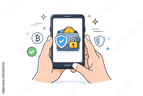 Digital wallet security. A person holding a smartphone with a wallet icon protected by a lock and shield symbols. A friendly editorial scene about safety and