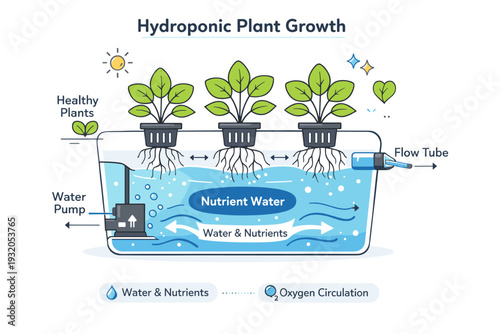 Hydroponic plant growth process. Visual explanation of roots, nutrient water flow, and healthy development. Clean educational scene showing system structure in
