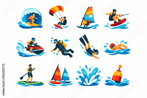 Water Sports Action. Colorful flat vector icons set of Water Sports Action: surfing barrel, kitesurf jump, windsurf sail, wakeboard trick, jet ski splash,