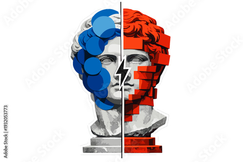 Black and white classical bust split into two halves with a visible cut through the center, one side overlaid with blue circular shapes, the other with red