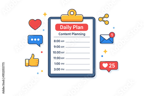 Content planning routine clipboard with hourly timeline and small icons for likes, shares and messages arranged around it, representing organized daily
