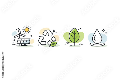 Sustainability icons. A tidy editorial scene with icons of renewable energy, recycling, leaf and water drop. Eco-friendly choices and responsible living, with