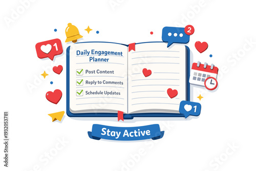 Daily engagement planner open notebook with checked tasks, small heart icons and notification symbols floating around, expressing consistent interaction,